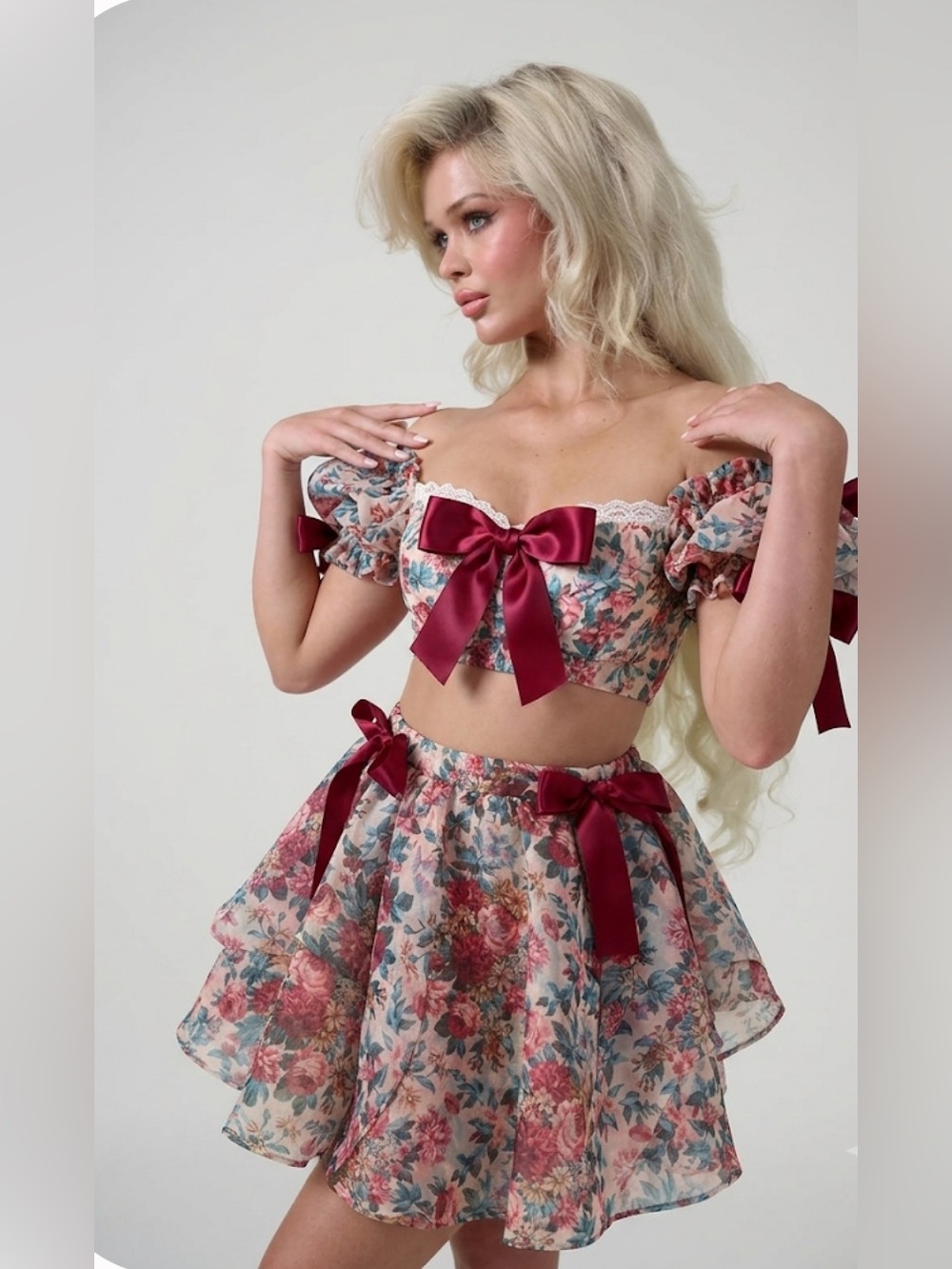 Selkie Floral Two-Piece Skirt Set Red/Burgundy Bows